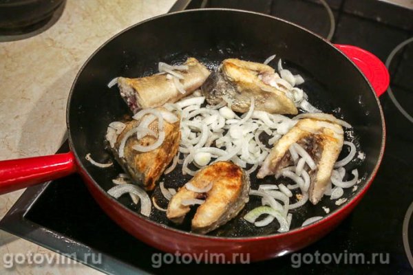 Жареный судак с луком и лисичками