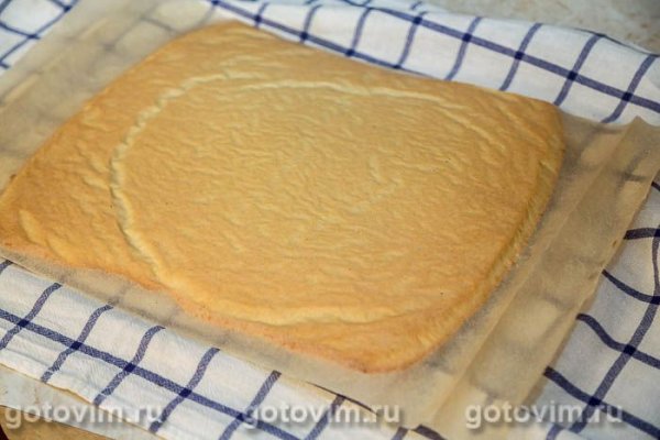 Рулет из кокосового бисквита с творожной начинкой и облепиховым желе