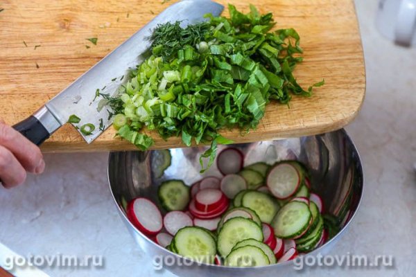 Салат из щавеля с огурцом, яйцом, редисом и горчичной заправкой