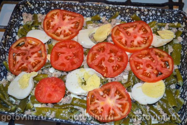 Запеканка из стручковой фасоли с яйцом и фаршем