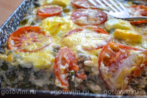 Запеканка из стручковой фасоли с яйцом и фаршем